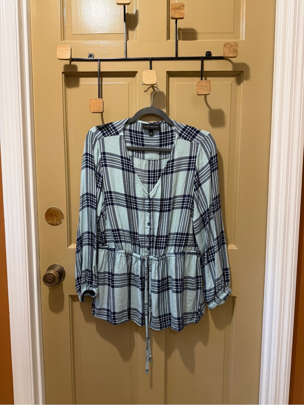 Lane Bryant cute Mint Green and Navy Plaid Drawstring Peplum Top